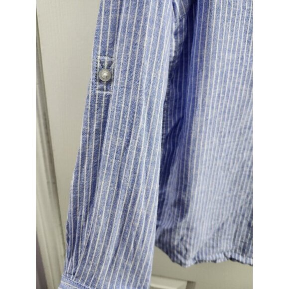 Tahari Blue White Striped Pullover Shirt Roll Tab Sleeves Linen Blend Medium - Picture 5 of 7